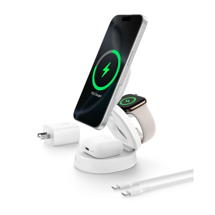 Belkin MagSafe Charger Compatible, 3-in-1 Qi2 Wireless Charging Station 15W, Convertible Wireless Charger for iPhone 17, Apple Watch, AirPods, Portable Phone Stand for Travel w/ 36W Adapter - White by Belkin - Used - Good condition - CA$92.24
