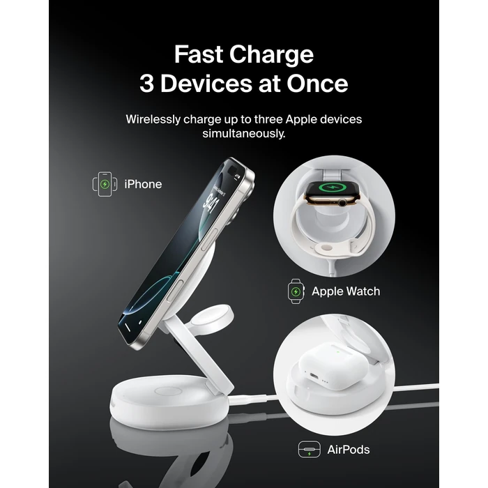 Belkin MagSafe Charger Compatible, 3-in-1 Qi2 Wireless Charging Station 15W, Convertible Wireless Charger for iPhone 17, Apple Watch, AirPods, Portable Phone Stand for Travel w/ 36W Adapter - White by Belkin - Image 2