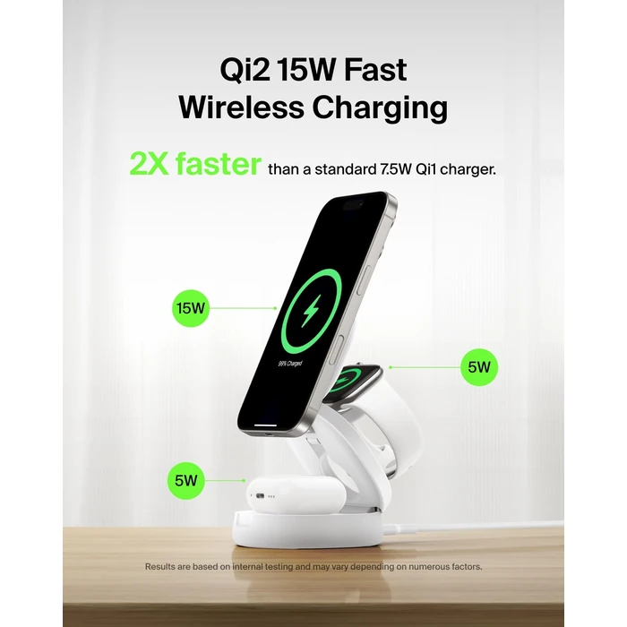 Belkin MagSafe Charger Compatible, 3-in-1 Qi2 Wireless Charging Station 15W, Convertible Wireless Charger for iPhone 17, Apple Watch, AirPods, Portable Phone Stand for Travel w/ 36W Adapter - White by Belkin - Image 3