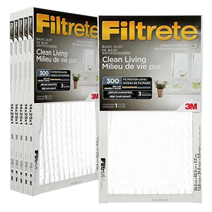 Filtrete 14x25x1 Furnace Filter, MPR 300, MERV 5, Clean Living Basic Dust 3-Month Pleated 1-Inch Air Filters, 6 Filters by Filtrete - Image 1
