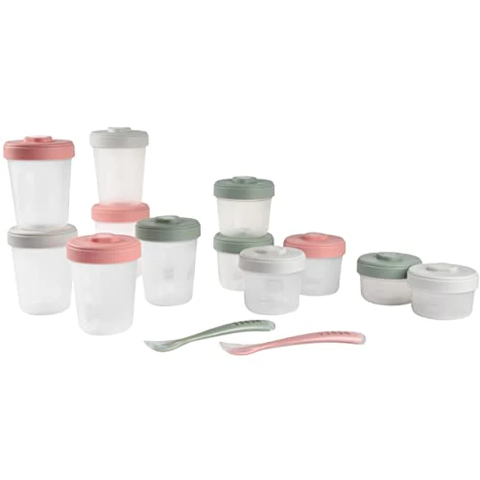 BEABA Clip Containers Set of 12 + 2 Spoons, Toddler Snack and Baby Food Storage Containers with Air Tight Lids, Writable Surface, Baby Travel Essential, (Eucalyptus) by Béaba - Image 1