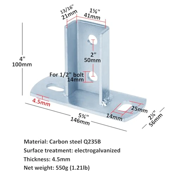 heneng 4 Pcs Shallow Strut Post Base for 13/16" x 1-5/8" Single Channel, U Shaped Strut Stand Mount Bracket, 3/16" Thick by heneng - Image 2