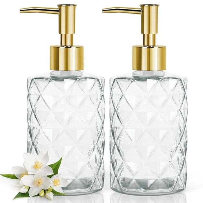 Topsky 2pcs Glass Soap Dispenser with Plastic Pump, 330ml Liquid Hand Soap Dispenser, Rustproof Pump for Kitchen & Bathroom, Great for Lotions, Essential Oil, Liquid Soaps，Clear by Topsky - Image 1