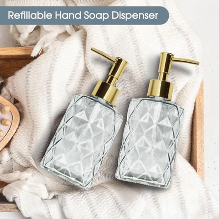 Topsky 2pcs Glass Soap Dispenser with Plastic Pump, 330ml Liquid Hand Soap Dispenser, Rustproof Pump for Kitchen & Bathroom, Great for Lotions, Essential Oil, Liquid Soaps，Clear by Topsky - Image 2