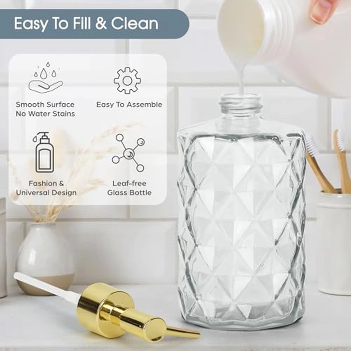Topsky 2pcs Glass Soap Dispenser with Plastic Pump, 330ml Liquid Hand Soap Dispenser, Rustproof Pump for Kitchen & Bathroom, Great for Lotions, Essential Oil, Liquid Soaps，Clear by Topsky - Image 3