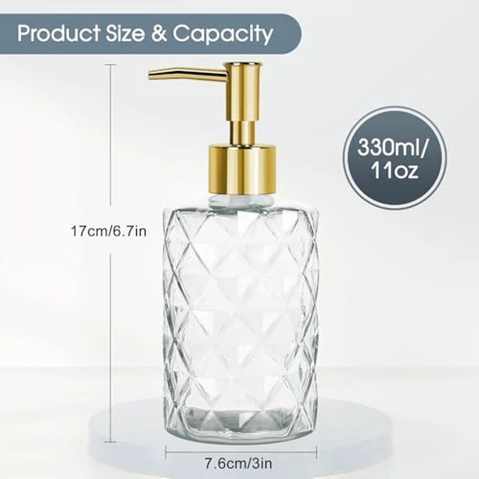 Topsky 2pcs Glass Soap Dispenser with Plastic Pump, 330ml Liquid Hand Soap Dispenser, Rustproof Pump for Kitchen & Bathroom, Great for Lotions, Essential Oil, Liquid Soaps，Clear by Topsky - Image 5