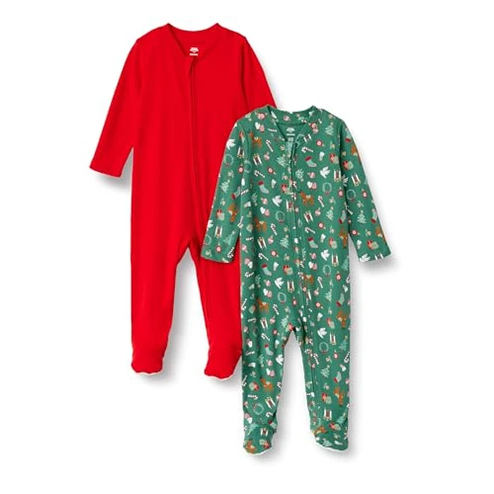 Amazon Essentials x Sofia Grainge Unisex Babies' Cotton Footed Sleep and Play One-piece Bodysuit, Pack of 2, Red/Holiday, 6-9 Months by Amazon Essentials - Used - Like New condition