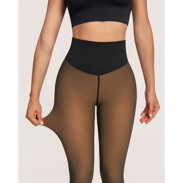 oufali One-Seam Fleece Lined Tights for Women Fake Sheer Thermal Leggings with Tummy Control & Butt Lifting Design - M/L Tan by oufali - Image 5