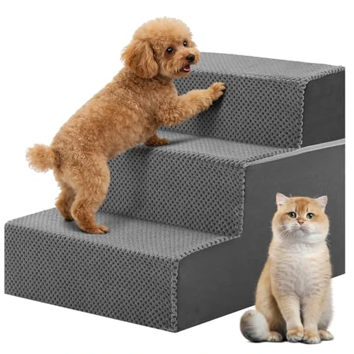 DUMOS Dog Stairs for Small and Medium Dogs, 3-Step Pet Steps with High-Density Foam, Indoor Non-Slip Pet Ramp for Puppy and Older Dogs Cats, Dog Bed Stairs for Couch and Sofa, Grey by DUMOS - Used - Like New condition