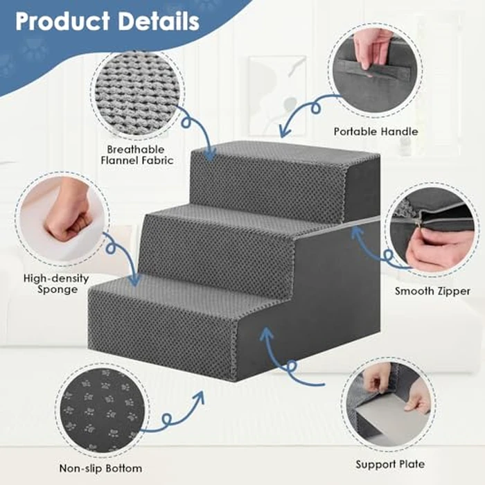 DUMOS Dog Stairs for Small and Medium Dogs, 3-Step Pet Steps with High-Density Foam, Indoor Non-Slip Pet Ramp for Puppy and Older Dogs Cats, Dog Bed Stairs for Couch and Sofa, Grey by DUMOS - Image 4