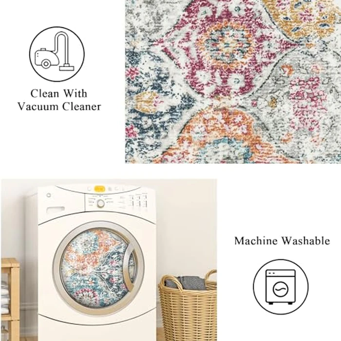 Lahome Moroccan Trellis Hallway Runner Rug, 2x6 Kitchen Runner Rugs Non Skid Washable, Vintage Laundry Room Rug Ultra-Thin Long Carpet for Bathroom Bedroom Entryway Elise, Aqua/Multi by Lahome - Image 3