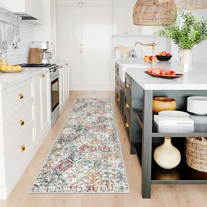 Lahome Moroccan Trellis Hallway Runner Rug, 2x6 Kitchen Runner Rugs Non Skid Washable, Vintage Laundry Room Rug Ultra-Thin Long Carpet for Bathroom Bedroom Entryway Elise, Aqua/Multi by Lahome - Image 5