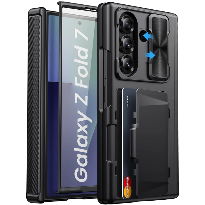 SIXBOX for Samsung Galaxy Z Fold 7 Case With Card Holder, Built-in & Screen Protector & Hinge Protection & Slide Camera Cover, Rugged Wallet Protective Phone Cover Case for Galaxy Z Fold 7 2025, Black by SIXBOX - Used - Acceptable condition