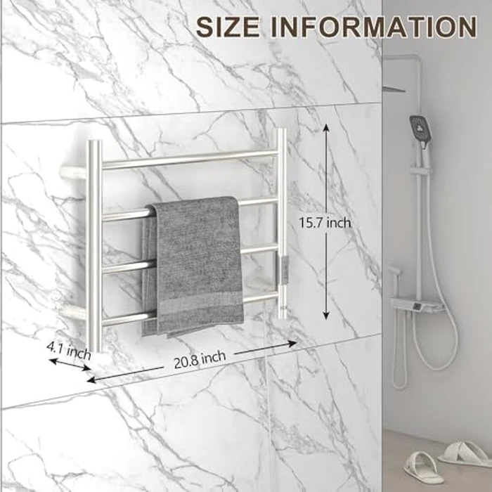 R FLORY Towel Warmer Heated Towel Rack All-Night Warm Bathroom Plug-in Heated Drying Rack with Timer Fast Heating (Nickel, 4 Bars) by R FLORY - Image 2
