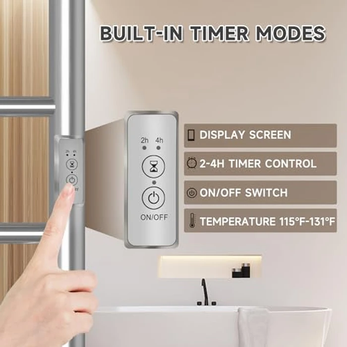 R FLORY Towel Warmer Heated Towel Rack All-Night Warm Bathroom Plug-in Heated Drying Rack with Timer Fast Heating (Nickel, 4 Bars) by R FLORY - Image 4