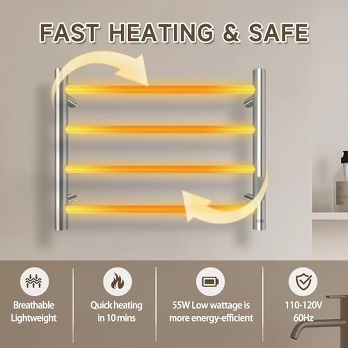 R FLORY Towel Warmer Heated Towel Rack All-Night Warm Bathroom Plug-in Heated Drying Rack with Timer Fast Heating (Nickel, 4 Bars) by R FLORY - Image 5