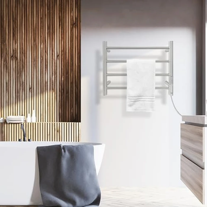 R FLORY Towel Warmer Heated Towel Rack All-Night Warm Bathroom Plug-in Heated Drying Rack with Timer Fast Heating (Nickel, 4 Bars) by R FLORY - Image 7