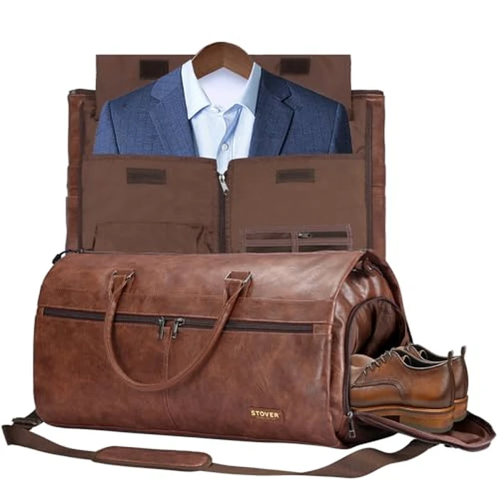 STOVER Garment Travel Duffle Bag, Large 2-in-1 Convertible Carry-on Luggage for Men & Women- Hanging Suits, Dresses & Clothes + Shoe Compartment- Weekender Tote Combo Duffel (Brown Leatherette) by STOVER - Used - Very Good condition - US$44.61