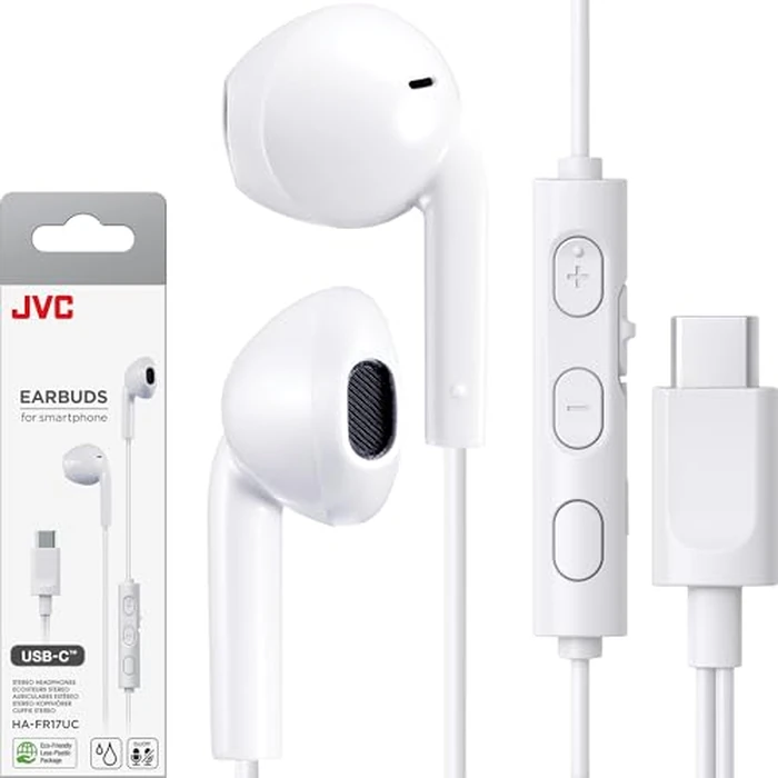 JVC HA-FR17UC-W Bud-Type USB-C Earphones with Built-in DAC for Powerful and Crystal Clear Sound, Practical Microphone and 3-Button Remote Control in Extremely Compact Design (White) by JVC - Used - Very Good condition - CA$19.52