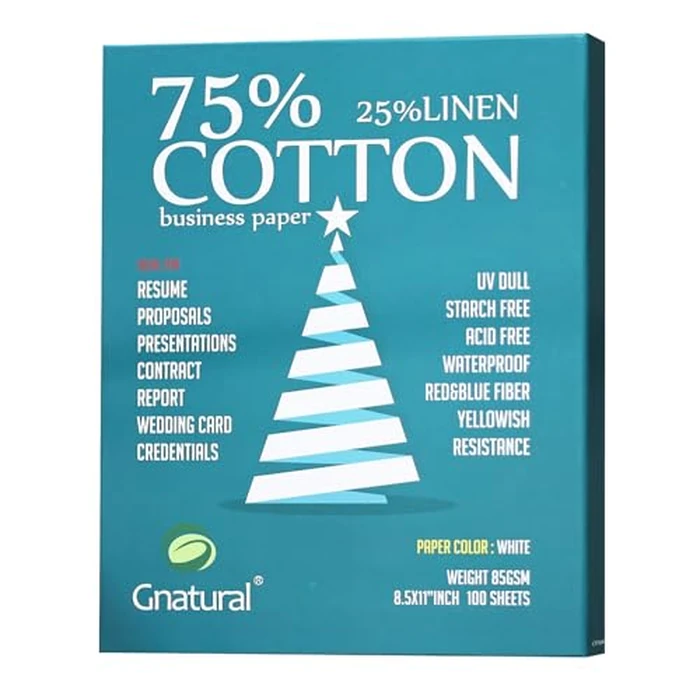 75% Cotton 25% Linen Paper, 85gsm Inkjet Printing Paper, 8.5"x11" White Color Resume Paper,100 Sheets Won't Get Wet Cotton Paper B07DQN1G3H by Gnatural - Used - Acceptable condition - CA$17.68