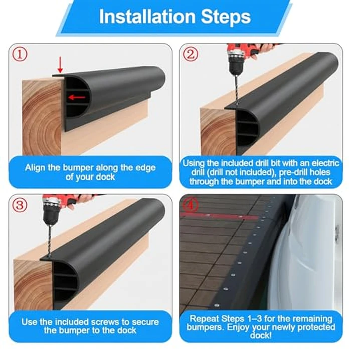 FUQUN P-Profile Dock Bumpers, 2-Pack 2.8FT Heavy-Wall EPDM Rubber Docking Fender for Straight & Side Protection, Wider & Thicker Dock Edging Bumper with 304 Stainless Steel Screws & Drill Bit, Black by FUQUN - Image 7