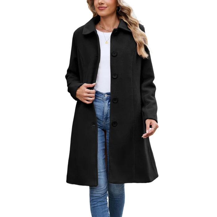 UANEO Womens Pea Coat Faux Wool Single Breasted Long Trench Coat Peacoat Dress Coat Winter (Black-S) by UANEO - Image 1