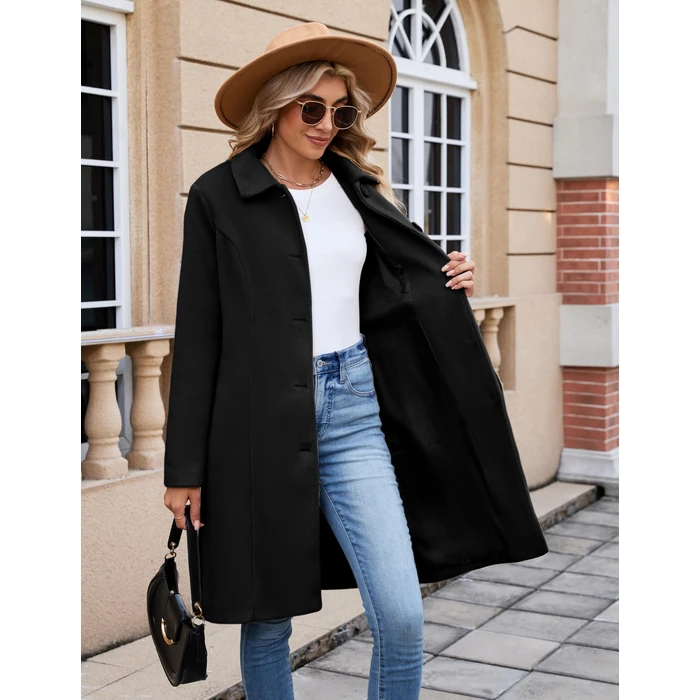 UANEO Womens Pea Coat Faux Wool Single Breasted Long Trench Coat Peacoat Dress Coat Winter (Black-S) by UANEO - Image 3