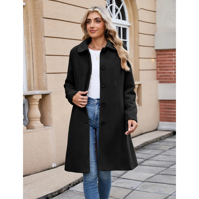 UANEO Womens Pea Coat Faux Wool Single Breasted Long Trench Coat Peacoat Dress Coat Winter (Black-S) by UANEO - Image 7