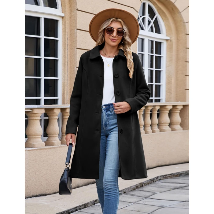 UANEO Womens Pea Coat Faux Wool Single Breasted Long Trench Coat Peacoat Dress Coat Winter (Black-S) by UANEO - Image 8