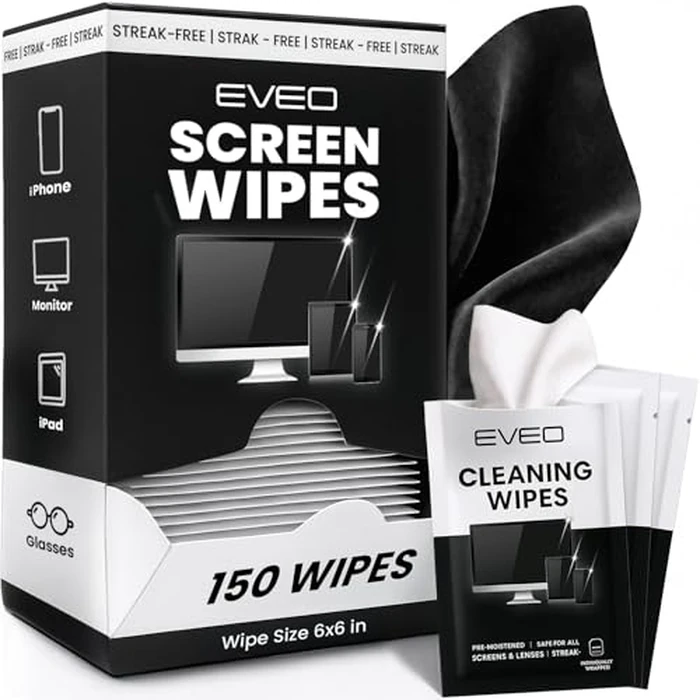 EVEO Screen Wipes (150 Pack) - Electronic Wipes, Computer Screen Cleaner Wipes for Electronics | Computer Screen Wipes Phone Wipes & Lens Wipes for PC, Laptop, Phone, Car & More - Microfiber Included by EVEO - Used - Acceptable condition - US$12.11