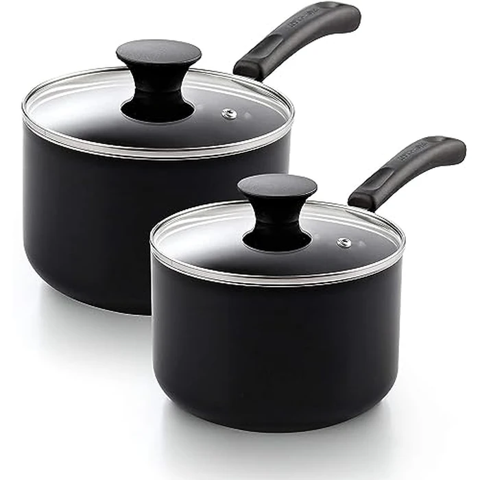 Cook N Home Nonstick Sauce Pan Set 1Qt and 2Qt, Multi-purpose Pots Set Saucepan Kitchenware with Glass Lid, Black, Aluminum by Cook N Home - Used - Very Good condition - US$27.02