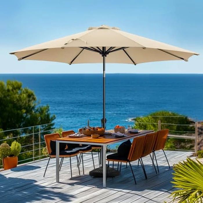 wikiwiki 10 FT Patio Umbrellas Outdoor Table Market Umbrella with Push Button Tilt/Crank, 8 Sturdy Ribs, Fade Resistant Waterproof POLYESTER DTY Canopy for Garden, Lawn, Deck, Backyard & Pool, Beige by wikiwiki - Image 1