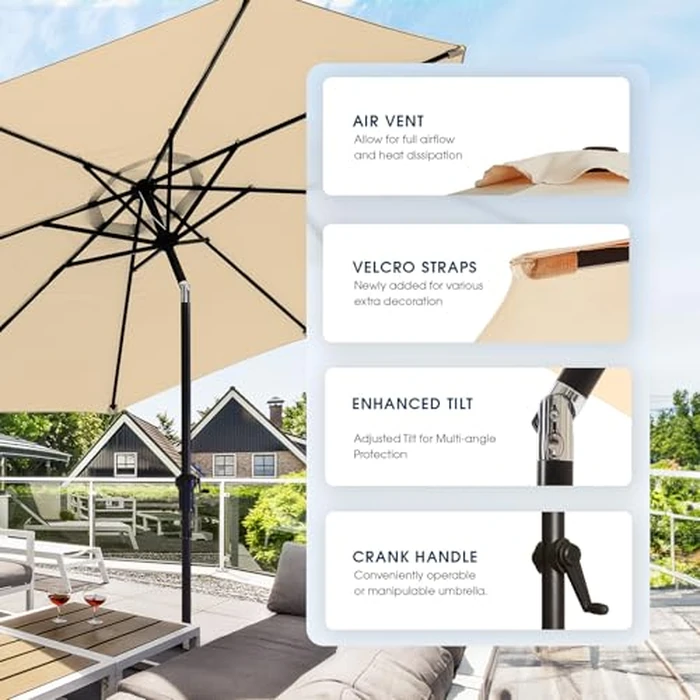 wikiwiki 10 FT Patio Umbrellas Outdoor Table Market Umbrella with Push Button Tilt/Crank, 8 Sturdy Ribs, Fade Resistant Waterproof POLYESTER DTY Canopy for Garden, Lawn, Deck, Backyard & Pool, Beige by wikiwiki - Image 3
