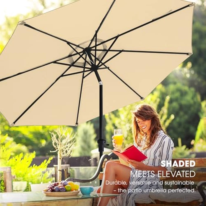 wikiwiki 10 FT Patio Umbrellas Outdoor Table Market Umbrella with Push Button Tilt/Crank, 8 Sturdy Ribs, Fade Resistant Waterproof POLYESTER DTY Canopy for Garden, Lawn, Deck, Backyard & Pool, Beige by wikiwiki - Image 7