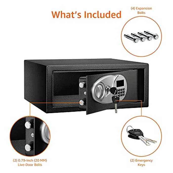 Amazon Basics Steel Security Safe with Programmable Electronic Keypad Lock - Secure Cash, Jewelry, ID Documents, 0.7 Cubic Feet, Black, 16.93''W x 14.57''D x 7.09''H by Amazon Basics - Image 4