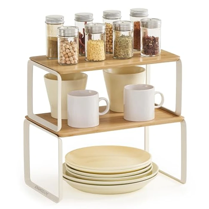 SONGMICS HOME Cabinet Organizer Shelf, Set of 2 Kitchen Counter Shelves, Kitchen Storage, Spice Rack, Stackable, Expandable, Metal and Bamboo, Light Bamboo UKCS050N01 by SONGMICS HOME - Used - Very Good condition - US$16.39