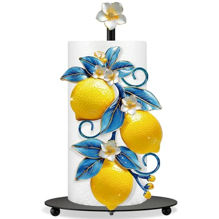 Thyle Mediterranean Capri Lemon Paper Towel Holder with Round Base Yellow Lemon Blue Leaf Bathroom Decor Rustic Housewarming Gifts Dispenser Kitchen Paper Holder Stand for Countertop Home Accessories by Thyle - Used - Like New condition - US$23.74