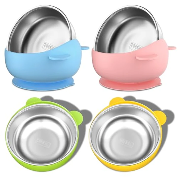 Bakpoco Stainless Steel Baby Bowls with Suction, 2-in-1 SUS304 Toddlers Bowl & Removable Silicone Suction Kids Bowl, Anti Scald Non Toxic Snack Container for Baby Food Feeding, 4 Colors Set by Bakpoco - Used - Very Good condition - CA$18.45