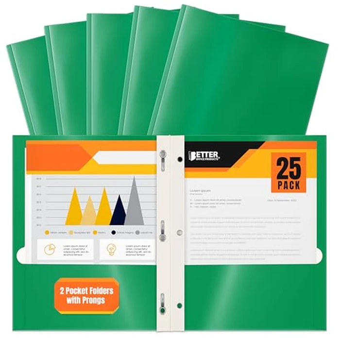 2 Pocket Glossy Green Paper Folders with Prongs, 25 Pack, by Better Office Products, Letter Size, High Gloss Green Paper Portfolios with 3 Metal Prong Fasteners, Box of 25 Glossy Green Folders by Better Office Products - Used - Very Good condition