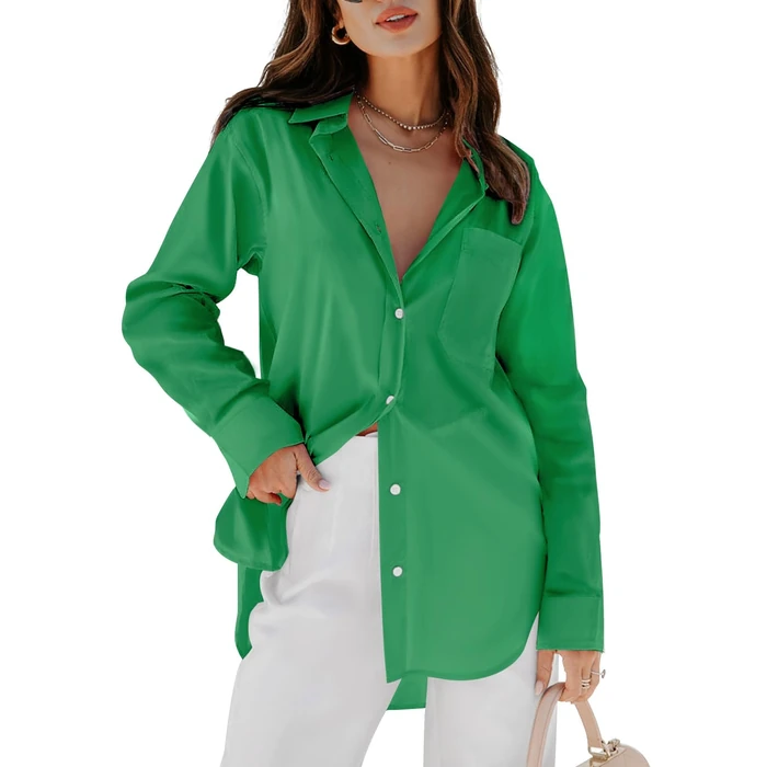 siliteelon Womens Button Down Shirts Dress Shirts Long Sleeve Blouses Wrinkle Free Solid Tunics Tops with Pockets - Spring Green S by siliteelon - Image 1