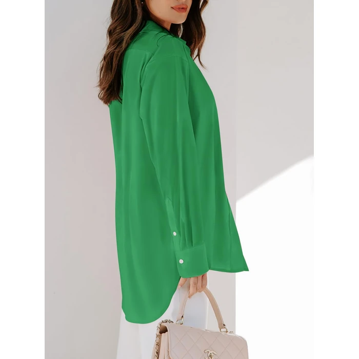 siliteelon Womens Button Down Shirts Dress Shirts Long Sleeve Blouses Wrinkle Free Solid Tunics Tops with Pockets - Spring Green S by siliteelon - Image 2