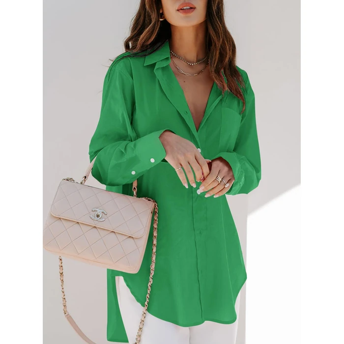 siliteelon Womens Button Down Shirts Dress Shirts Long Sleeve Blouses Wrinkle Free Solid Tunics Tops with Pockets - Spring Green S by siliteelon - Image 3