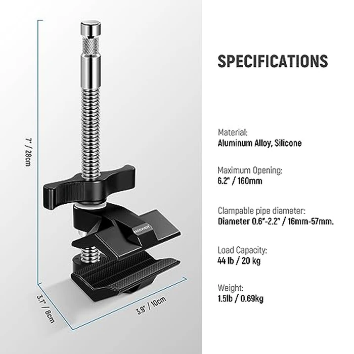 NEEWER 6" End Jaw Grip with 5/8" Stud, Steel Shaft End Grip with Adjustable Jaws, Rubber Pads for C Stand, Anti-Twist, Easy Lock Swivel Handle for Light Video LED Softbox, UA040 by NEEWER - Image 7