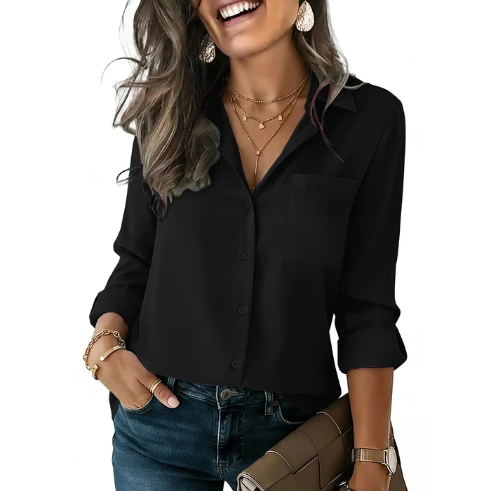 HOTOUCH Blouses for Women Long Sleeve Business Casual Black Button Down Shirts V Neck Work Office Ladies Blouse M by HOTOUCH - Used - Very Good condition