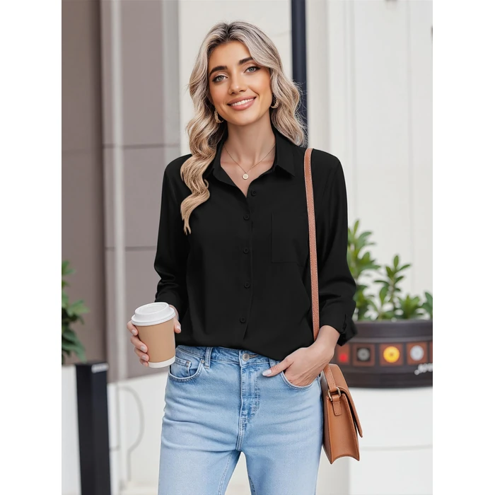 HOTOUCH Blouses for Women Long Sleeve Business Casual Black Button Down Shirts V Neck Work Office Ladies Blouse M by HOTOUCH - Image 3