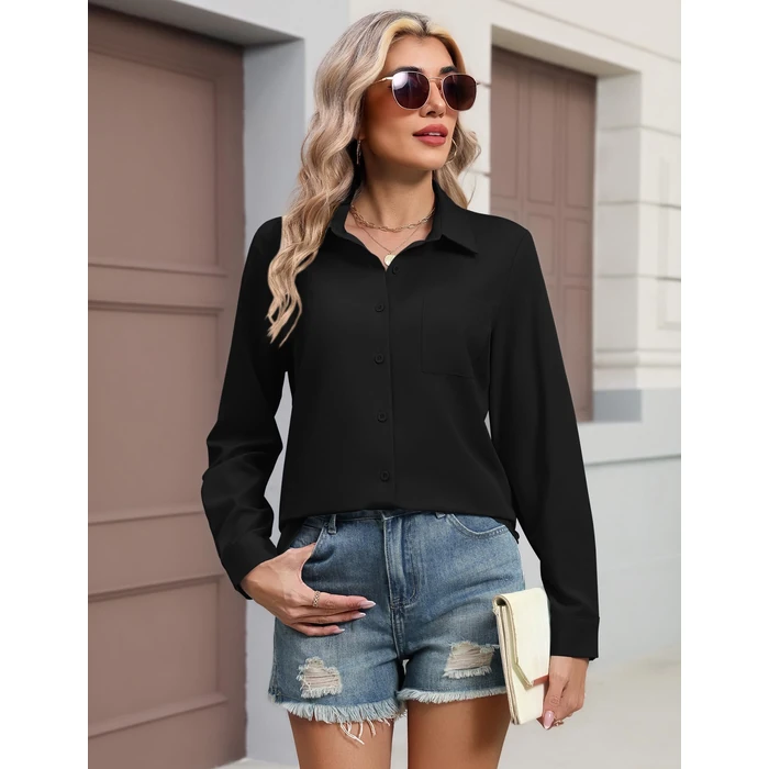 HOTOUCH Blouses for Women Long Sleeve Business Casual Black Button Down Shirts V Neck Work Office Ladies Blouse M by HOTOUCH - Image 4
