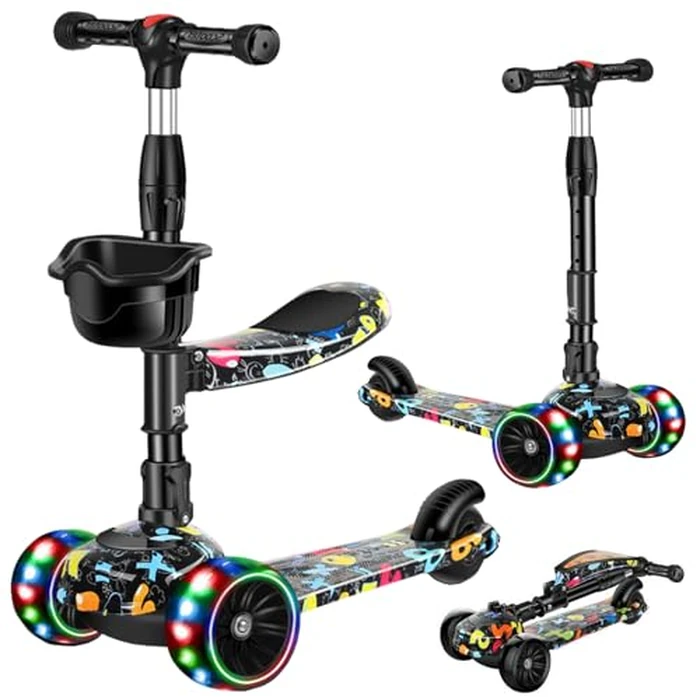 CLrkualn 2-in-1 Kick Scooter for Kids Ages 3-8, Adjustable Height Foldable Scooter Removable Seat, 3 LED Light Wheels, Outdoor Activities for Toddlers Boys Girls (Black) by CLrkualn - Used - Very Good condition - CA$52.68