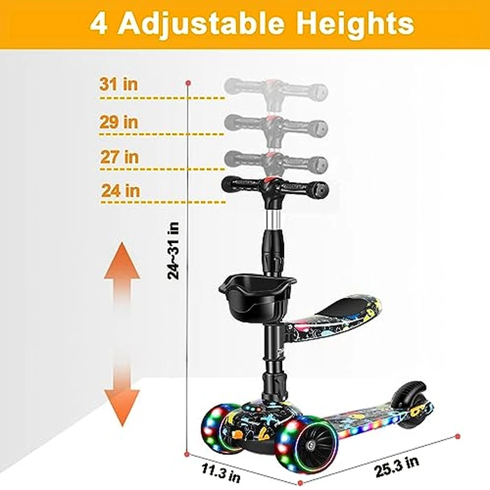 CLrkualn 2-in-1 Kick Scooter for Kids Ages 3-8, Adjustable Height Foldable Scooter Removable Seat, 3 LED Light Wheels, Outdoor Activities for Toddlers Boys Girls (Black) by CLrkualn - Image 2