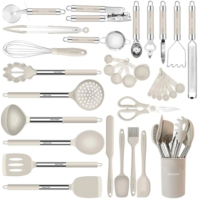 Kitchen Utensils Set-Silicone Cooking Utensils-33pcs Non-Stick Silicone Cooking Kitchen Utensils Spatula Set with Holder-Best Kitchen Cookware with Stainless Steel Handle (Khaki) by BESTZMWK - Used - Like New condition - US$28.49