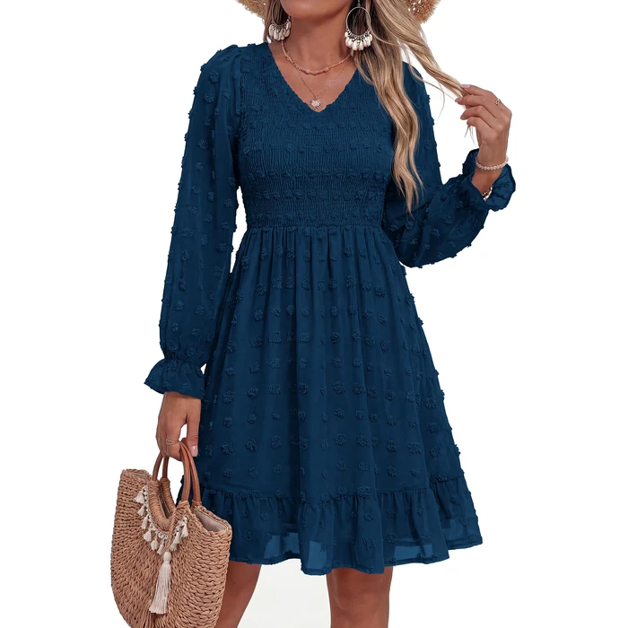 BTFBM Summer Dresses for Women 2026 Long Sleeve Casual V Neck Swiss Dot Smocked Ruffle Chiffon Flowy Mini Spring Dress(Dark Blue, Medium) by BTFBM - Used - Like New condition